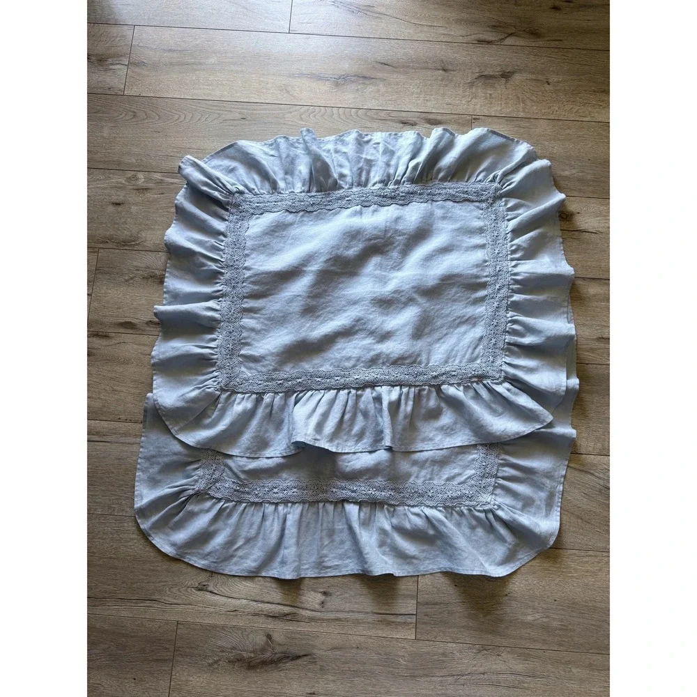 GreenRow Shabby Chic Pearl Blue Linen Ruffle Crochet Set of 2 Queen Pillow Cases